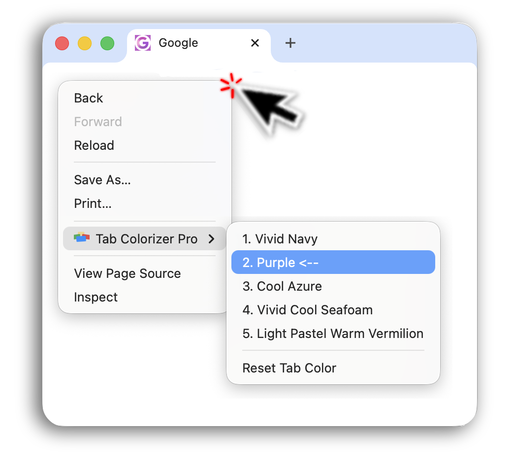 Right-click menu in Chrome showing tab color options