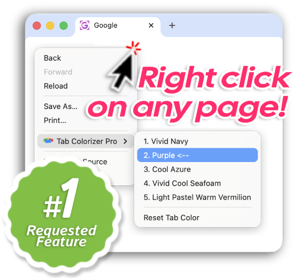 Right-click menu in Chrome showing tab color options