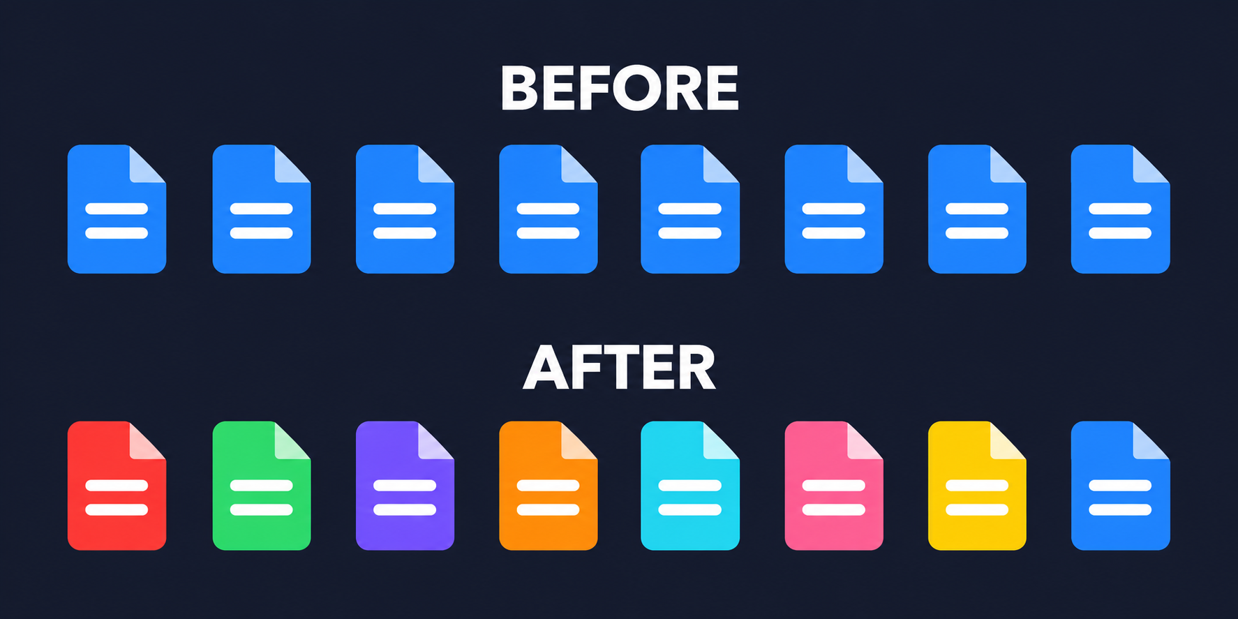 Before: eight identical blue document favicons. After: the same icon in red, green, purple, orange, cyan, pink, yellow, and blue.